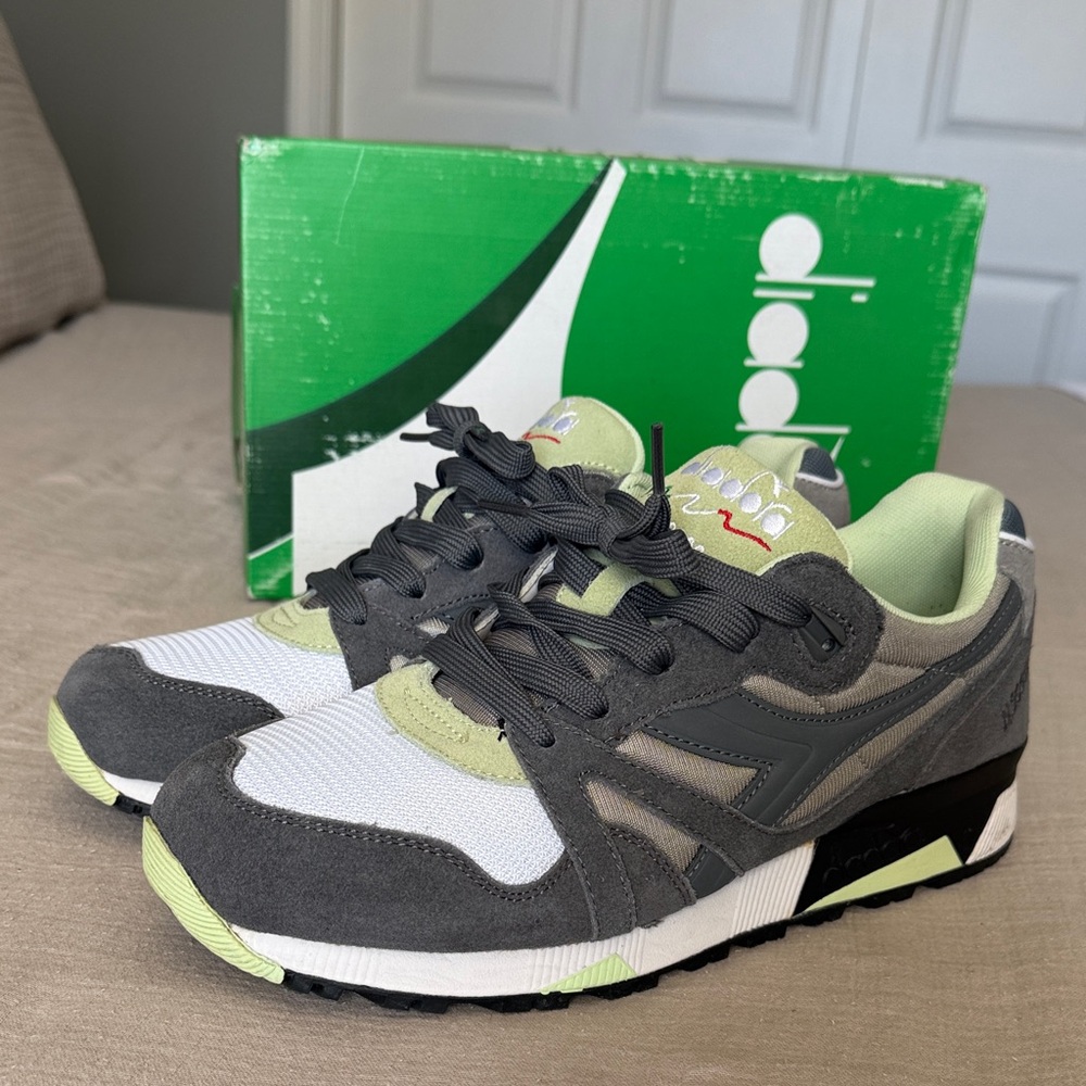 Diadora Gray, White & Lime Mesh Suede Sneakers